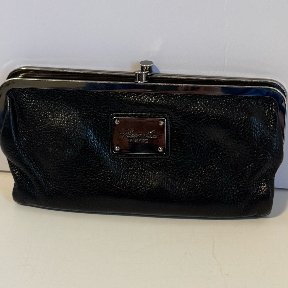 Kenneth Cole New York Black Leather Double Frame Wallet Clutch Organizer